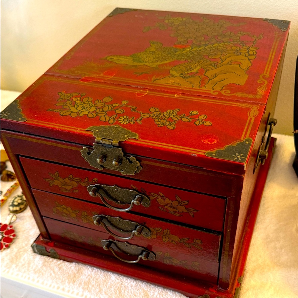 Vintage Chinese Red Wooden Jewelry Box with Gold Hand Painted Accents